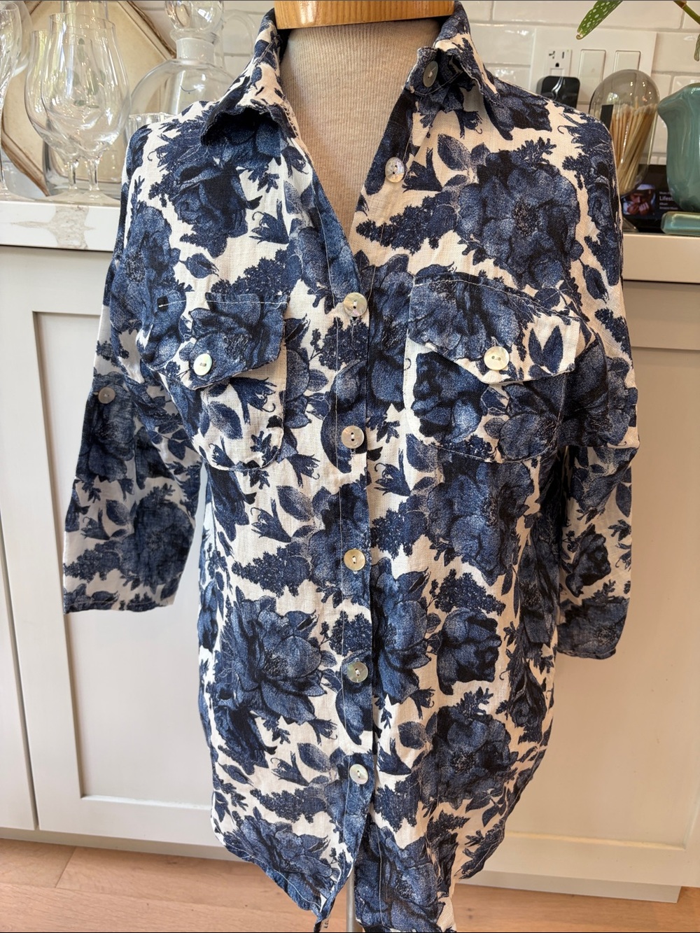 Pistache Blue Floral print on cream linen Button-Up Shirt with roll tab sleeves